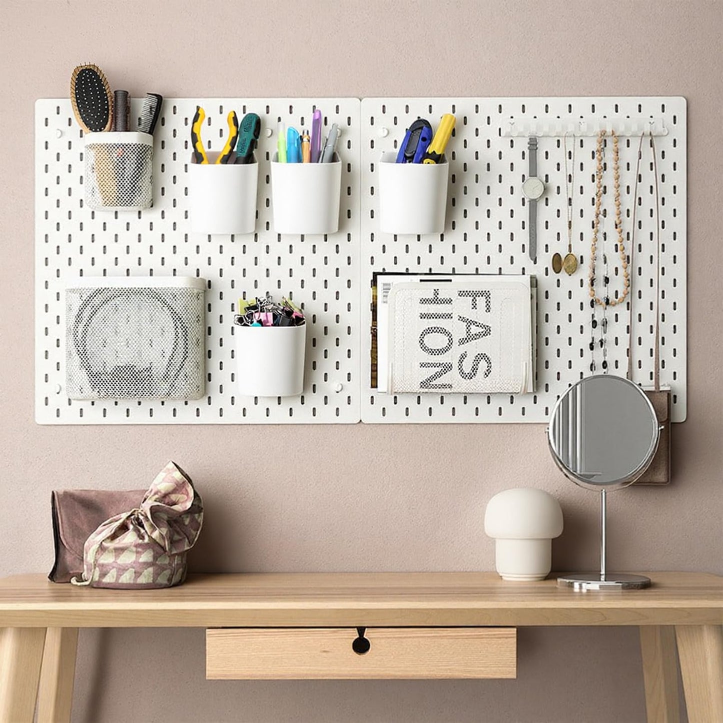 xozeooeu 5 Pcs Pegboard Cups with Hooks, White Peg Board Organizer Bins, 3.35x2.76x3.1 Inch Storage Containers for Garage Workshop Office