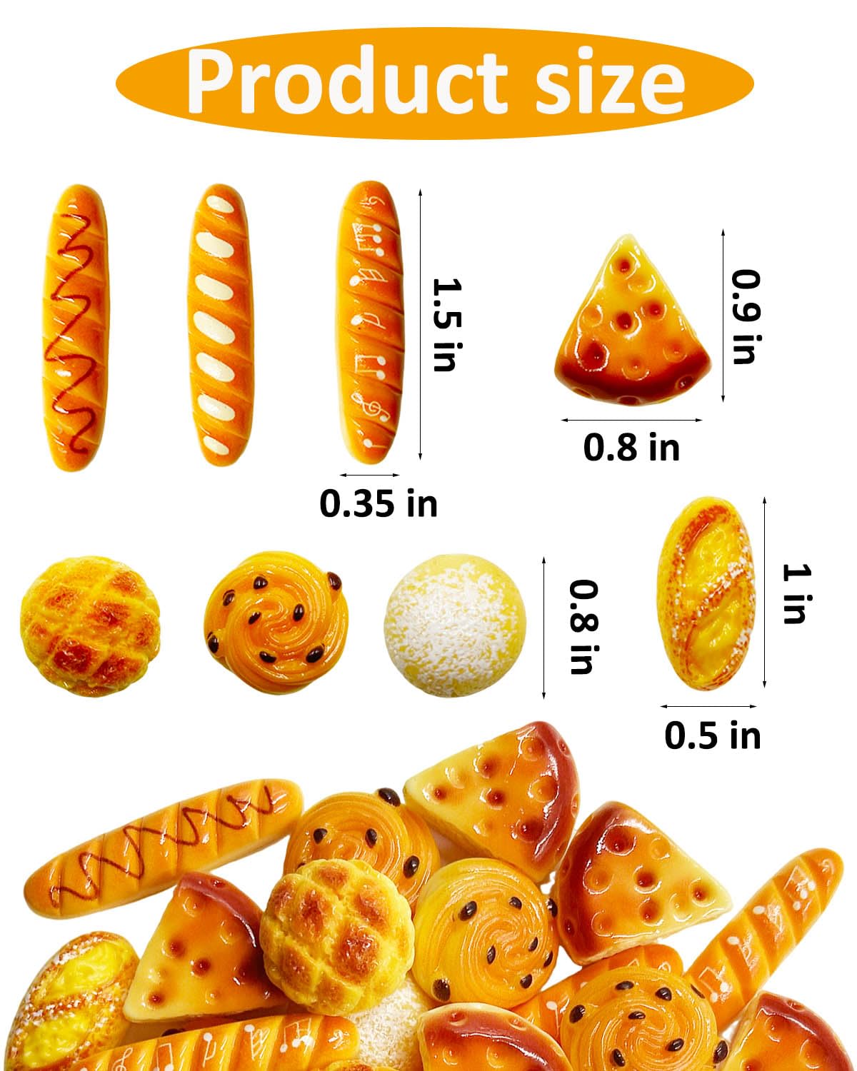 LOPURO 100Pcs Mini Fake Bread Artificial Resin Flatback Bakery Pastries Charms, Miniature Cake Simulation Food Model Tiny House Decor for DIY Craft Scrapbooking Embellishments Home Kitchen Display