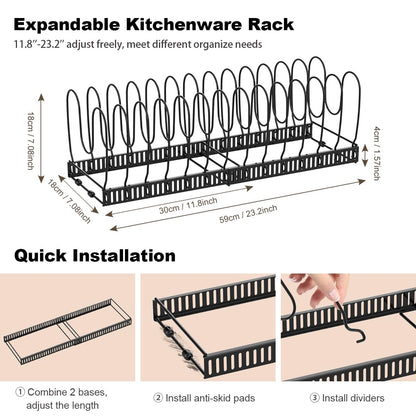 Housolution Pot and Pan Organizer Rack for Cabinet, Expandable Pot Lid Organizer Holder with 14 Adjustable Dividers, Fully Expanded Size 22.83" W x 7.09" D x 7.09" H, Black