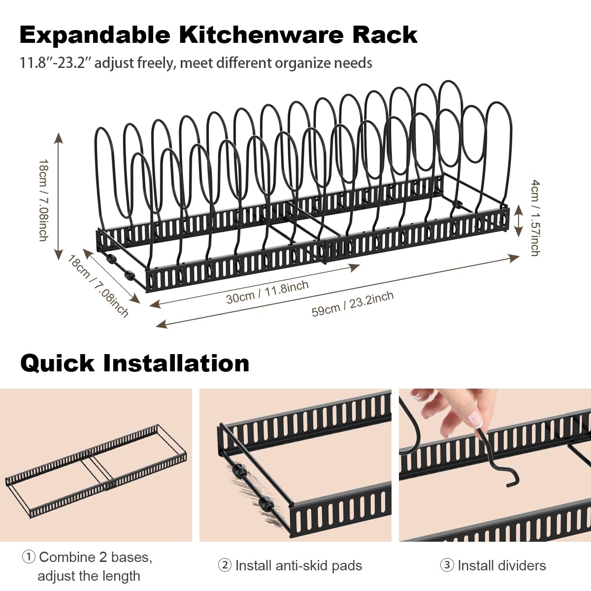 Housolution 2 Pack Pot and Pan Organizer, 12"-23" Expandable Pot Lid Organizer with 14 Adjustable Dividers, Pan Lid Holder Storage Rack for Cabinet, Black