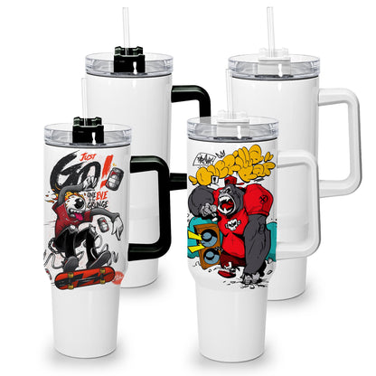 sweet grain Sublimation Tumblers 40 oz with Handle(4 Pack) - Stainless Steel Double Wall Vacuum Insulated Large Tumbler Bulk with Removable Handle and Straw - Black & White Handle