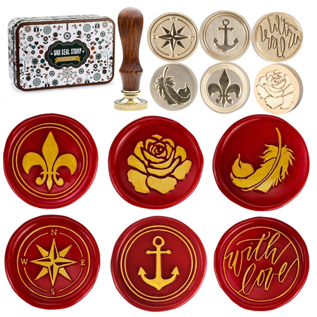 Wax Seal Stamp Kit, 6 pcs Brass Head Wax Stamp & 1 Wooden Handle, 6 Designs (Anchor, Feather, Fleur-de-lis,Compass, with Love, Rose Flower)