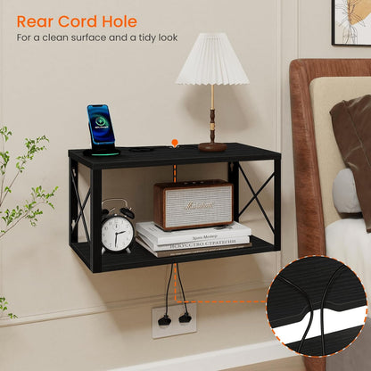2 Homode Floating Nightstand, Tier Wall Mounted Nightstand with Cable Hole, Wooden Floating Bedside Table, Bedside Wall