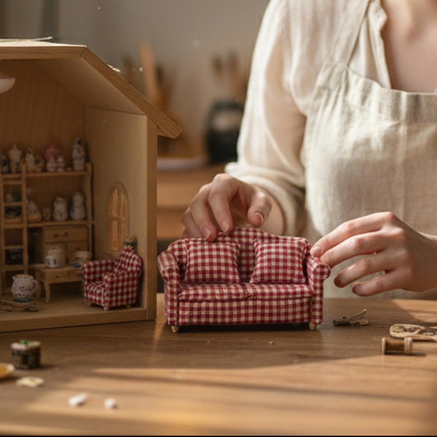 Dollhouse Couch Miniature Sofa with Pillows Dollhouse Living Room Funiture 1:12 Scale Model 3 Pcs High Simulation Upholstered Wooden Fabric Armchair Mini Room Artificial House Scene Decoration (Plaid)