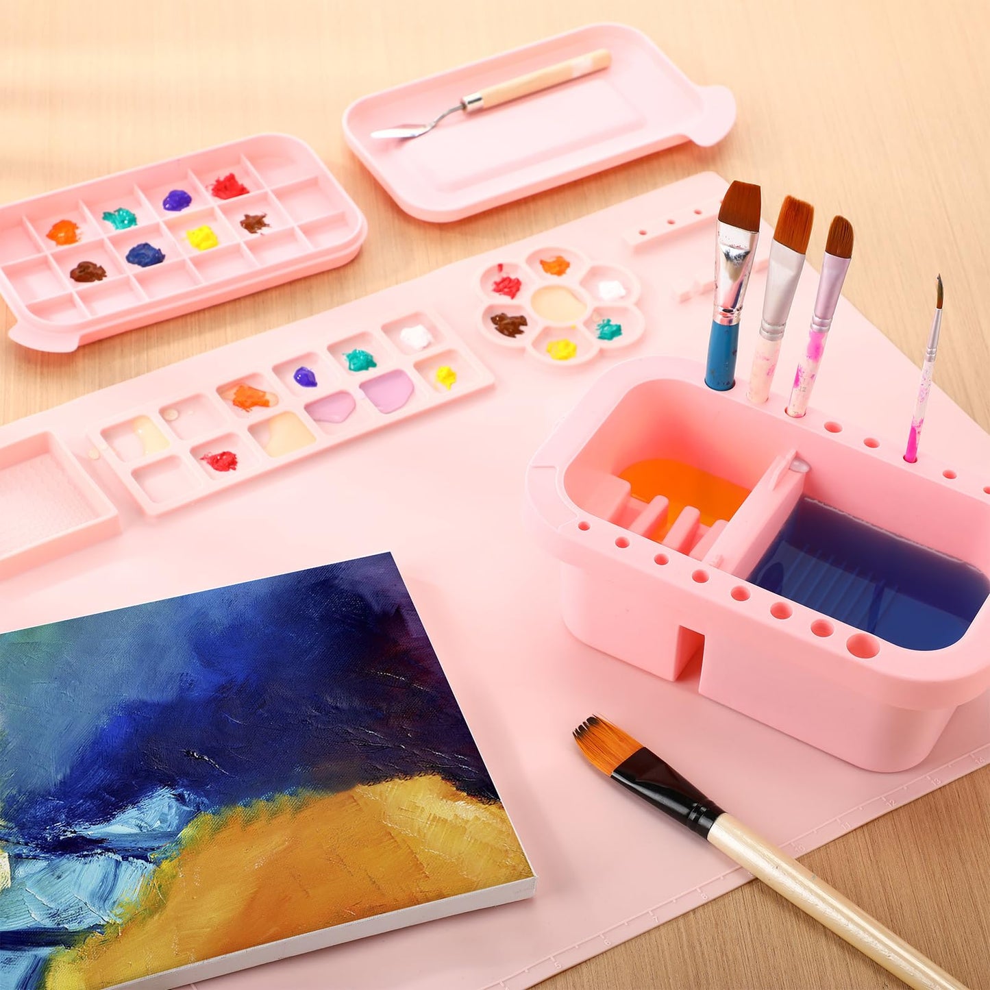 Fuyoooo 2 Pcs Painting Supplies Set with Silicone Painting Mat & Paint Brush Cleaner Bucket for Crafts Paint Brush Holder Organizer with Palette Party Art Supplies for Kids, Adults & Beginners
