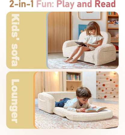 2-in-1 3+, Sherpa Fold Out Kids Couch, Extra Wide Comfy Toddler Chair, Convertible Kids Sofa to Lounger, Foldable
