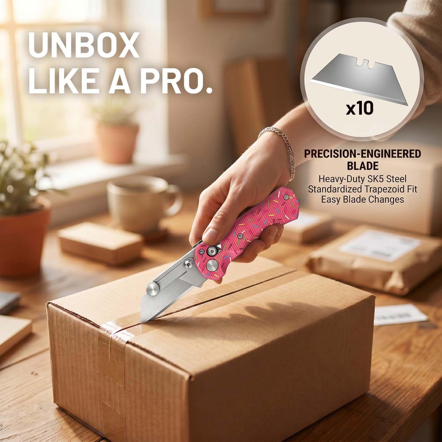 Folding Utility Knife for Women Men,Quick Change Box Cutter with 10Pcs SK5 Replaceable Blades,EDC Razor Knife for Cartons,Cardboard,Boxes,Christmas Stocking Stuffers Gifts for Men Husband Women(pink)