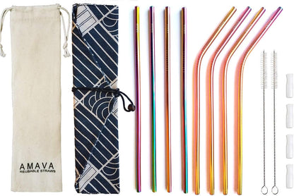 Reusable Straws Set, Stainless Steel Metal, Colorful, Includes 8 Straws, 4 Silicone Tips, 2 Cleaning Brushes, Travel
