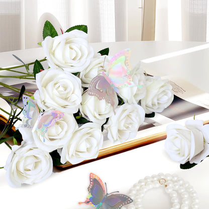 jabeick 50 Pcs Fake Roses White Artificial Flowers Bulk, Faux Velvet Silk Rose Bouquet with Long Stems Real Look for Wedding Party Centerpieces Vases Decor