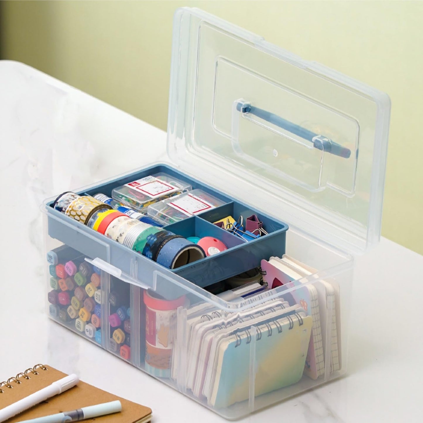 Acshio 2 Pack Plastic Dividing Storage Box, 2 Layer Multipurpose Craft Organizer and Storage Box with Removable Tray Handle, Portable Art Supply Container for Bead, Tool, Sewing