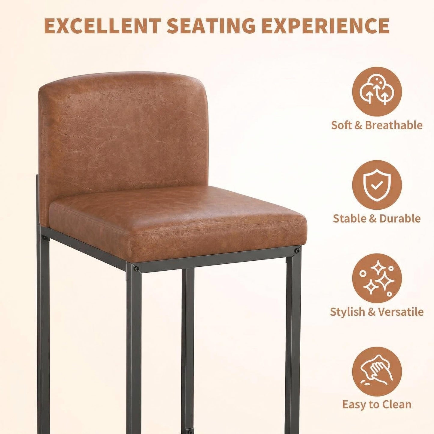 GarveeHome Bar Stools Set of 4, Modern Counter Height Bar Stools with Back and Footrest, Faux Leather Upholstered Barstools Chairs for Kitchen Island Dining Room Bar, Brown