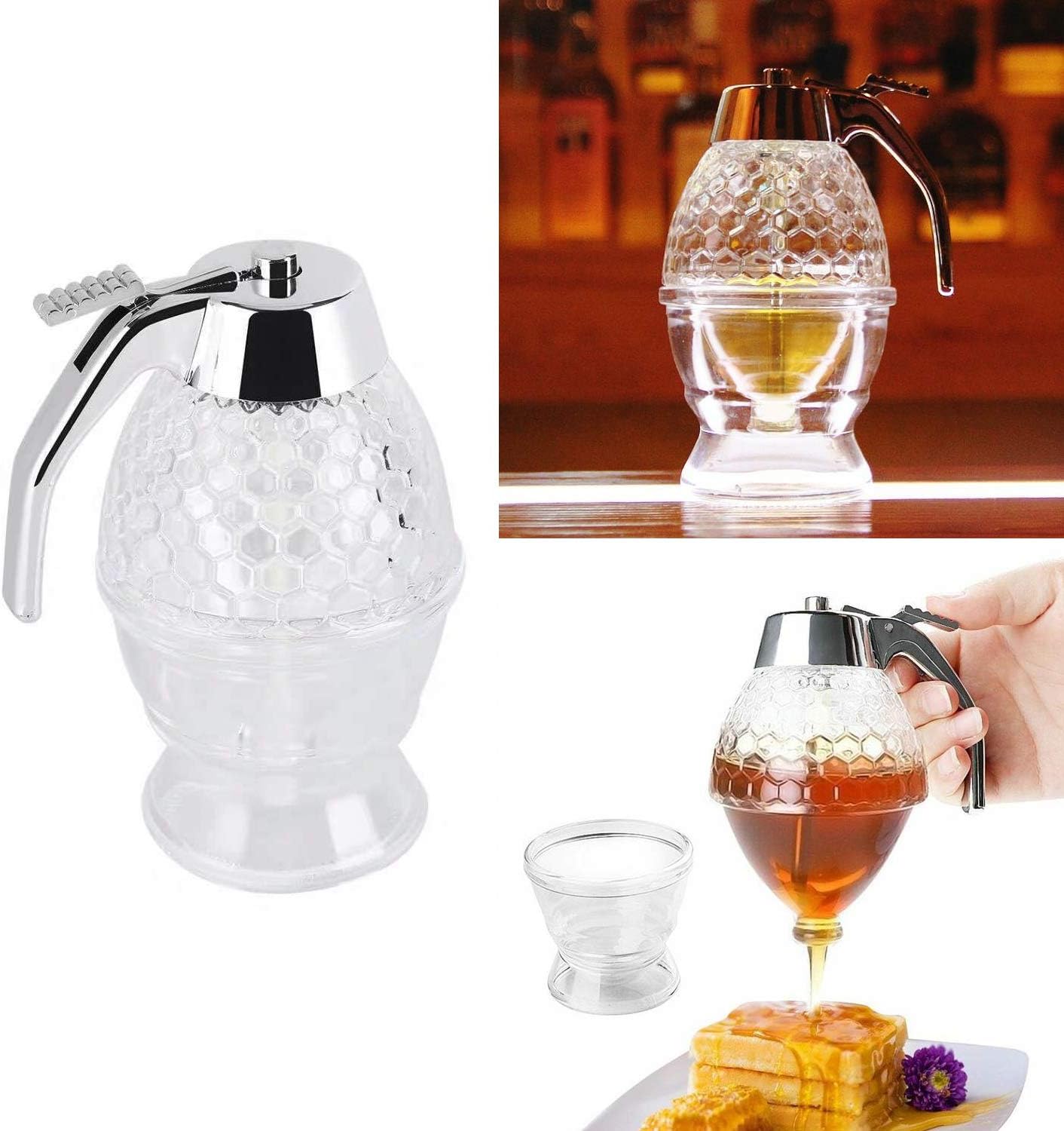 Squeeze Honey Dispenser, Plastic No Drip Maple Syrup Container, Juice Jar Bee Drip Dispenser, Honey Pot with Stand,