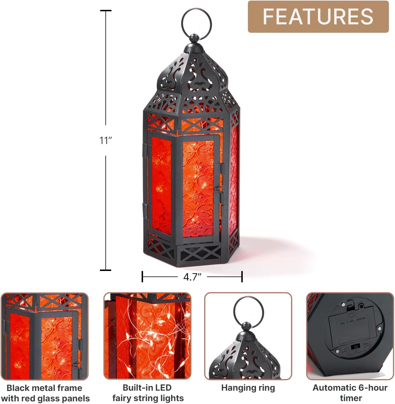LampLust Moroccan Lantern with Lights - 11 Inch Decorative Indoor Lantern with LED Fairy Lights, Black Metal & Red Glass