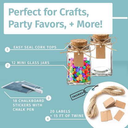 12 Pack Empty Candle Jars, 100ml Mini Square Glass Bottles with Stoppers, Mini Jars w/Cork Lids for Crafting Candles, Wedding Favours & Potions