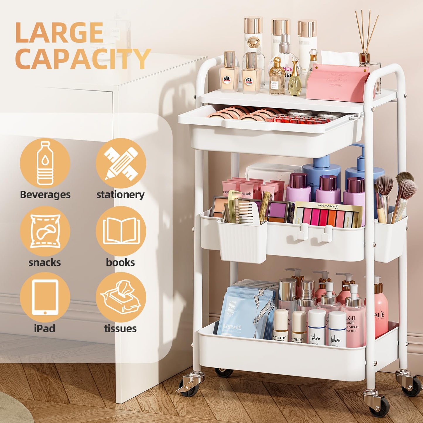 3 Tier Metal Rolling Utility Cart with Drawer & Lockable Wheels - Heavy Duty Multifunctional Storage Organizer with 2 Cups and 4 Hooks for Bathroom, Kitchen, Snack, Craft, Makeup, Baby Essentials
