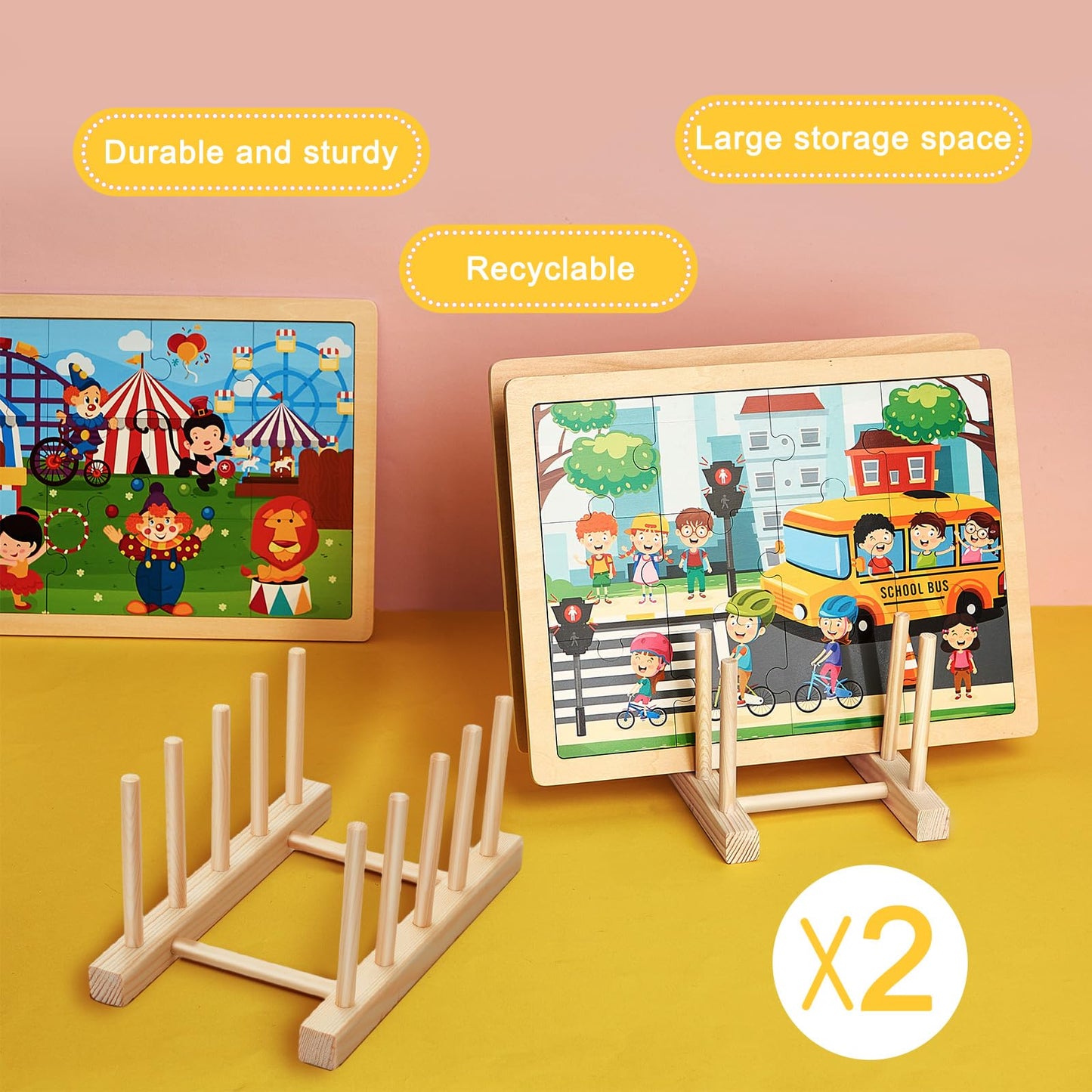 Barydat 2 Pcs Wooden Puzzle Display Stand Jigsaw Holder Rack Puzzle Pot Lid Storage Organizer Shelf for Playroom Decor Craft Collection Lovers