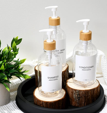 Gails Willing Shower Shampoo and Conditioner Bottles, Apothecary Dispenser Bamboo Pump, Refillable Bottles for Lotion Oil Hand Soap and Dish Soap, Plastic Set (3 Bottles 9 Labels) (3, Clear)