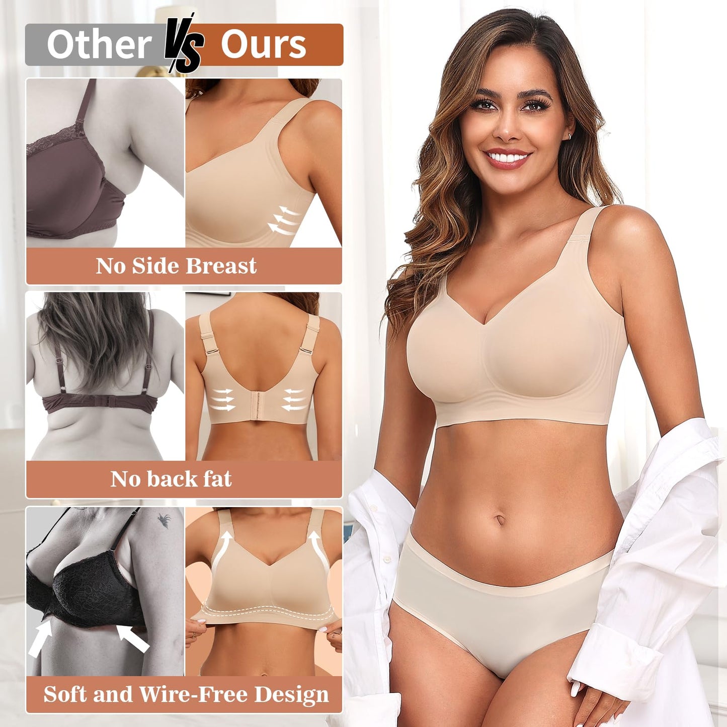 PoseFree Womens Bras No Underwire Full Support Back Fat Smoothing Bralette Wireless Push Up Plus Size Sports Bra (Nude,L)