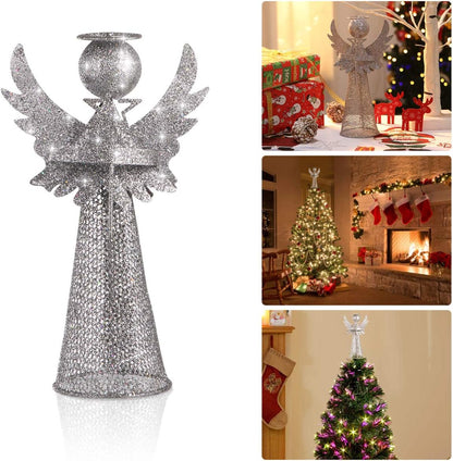 PRETYZOOM Christmas Silver Angel Tree Topper, Exquisite Glitter 3D Angel Figure Ornament for Party Home Xmas Tree