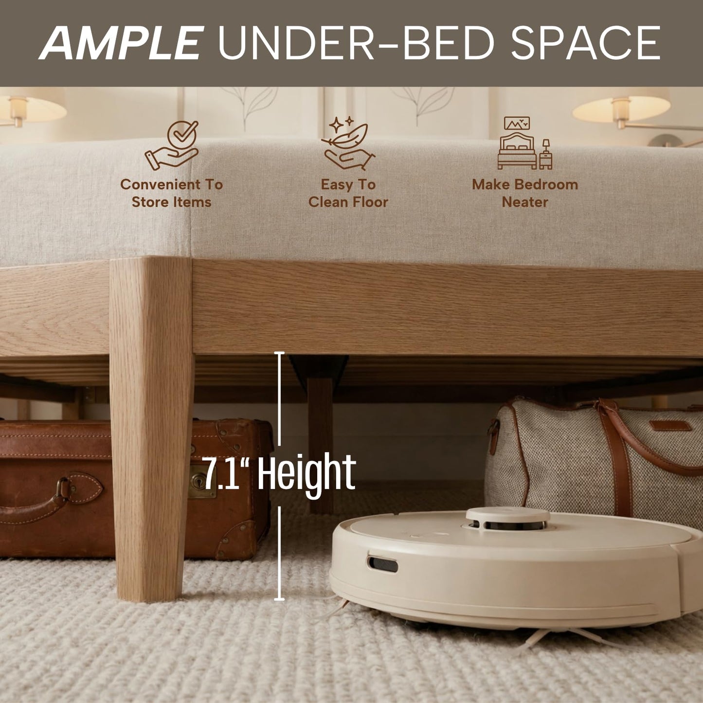 NATLE & CO Woodmere Premium Queen Bed Frame, Solid Wood Platform Bed, Wood Slat Support, Tapered Solid Wood Legs, No Box Spring Needed, Mid-Century Modern Style, Easy Assembly (Honey)