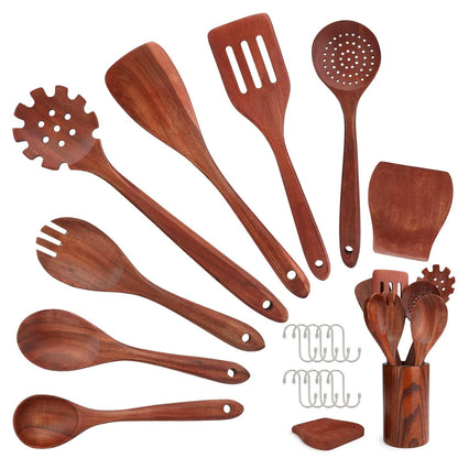 Kitchen Utensils Set, 16 Pcs Wooden Spoons for Cooking, Natural Teak Nonstick Spatula with Spoon Rest, Premium Quality