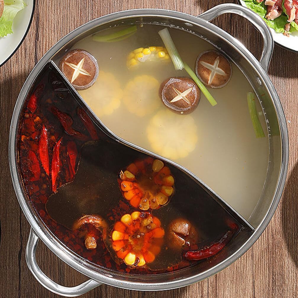 Shabu Hot Pot with Divider, Stainless Steel Dual Sided Soup Cookware for Induction Cooktop & Gas Stove, 28cm