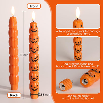 Girimax Orange Pumpkin Halloween Flameless Taper Candles with Remote, Flickering Spooky LED Wax Candlesticks Battery Operated, Set of 2