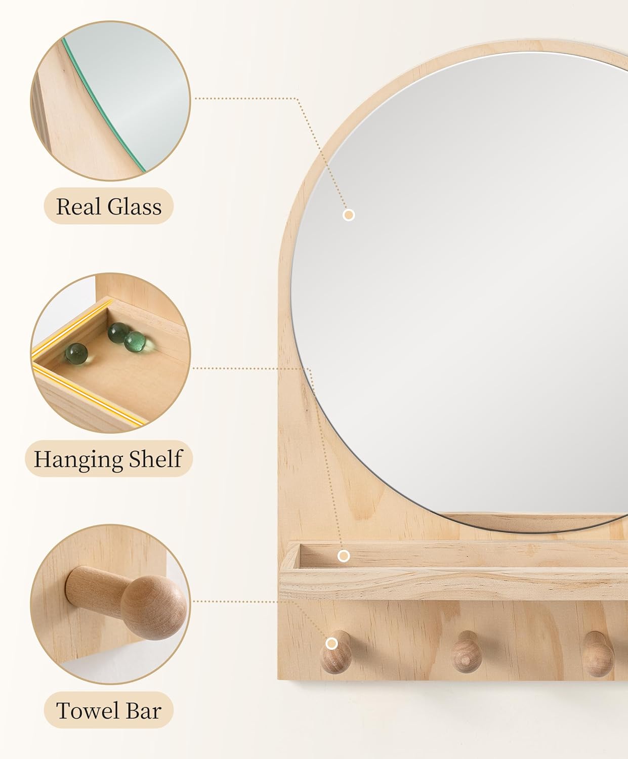 14x18 Inch Maxpeuvon Nursery Mirror, Boho Circle Mirror Wall Mount Natural Wood Shelf Hanging Arch Modern Wall Decor
