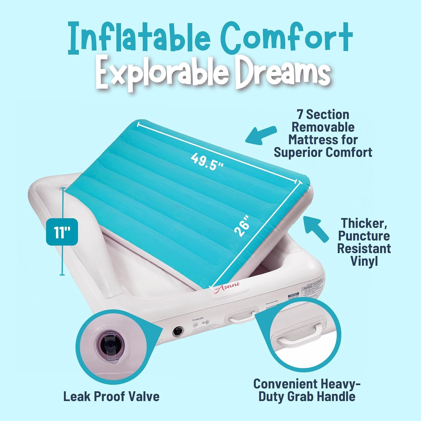 4ft Asani Inflatable Toddler Travel Bed, Electric Pump, Leakproof Air Mattress, Bumpers, Carry Case, Pillow - Fits Kids
