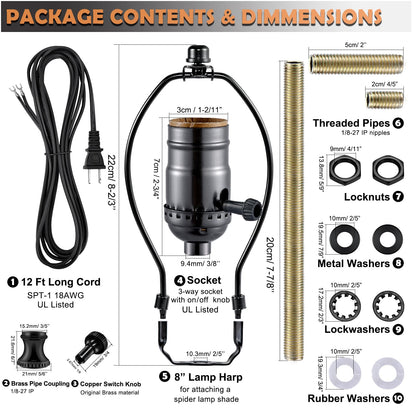 Lamp Making Kit,Make a Lamp or Repair Kit,3-Way Lamp Socket with Matching Cord Lamp Harp Set,Lamp Wiring Kit for Table Floor Lamp,Essential Hardware for DIY Lamp Design or Repair (Black, 1)