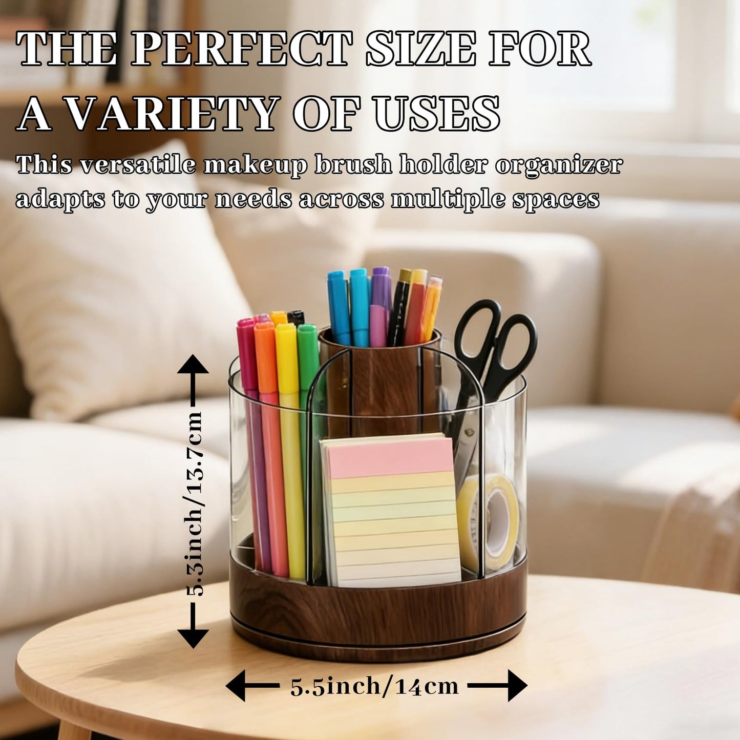 NULANCITIDE 360 Spinning Makeup Brush Holder, Acrylic Organizer with 6 Removable Compartments, Rotating Pen Holder for Desk, Bathroom Vanity Desktop Organizer for Cosmetics Art, Walnut