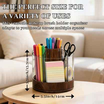 NULANCITIDE 360 Spinning Makeup Brush Holder, Acrylic Organizer with 6 Removable Compartments, Rotating Pen Holder for Desk, Bathroom Vanity Desktop Organizer for Cosmetics Art, Walnut