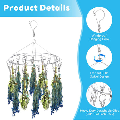 Kegeeei 5 Pack Stainless Steel Hanging Drying Rack with Clips - Foldable Laundry & Plant Dryer for Socks, Underwear, Bras, Towels, Spices & Flowers