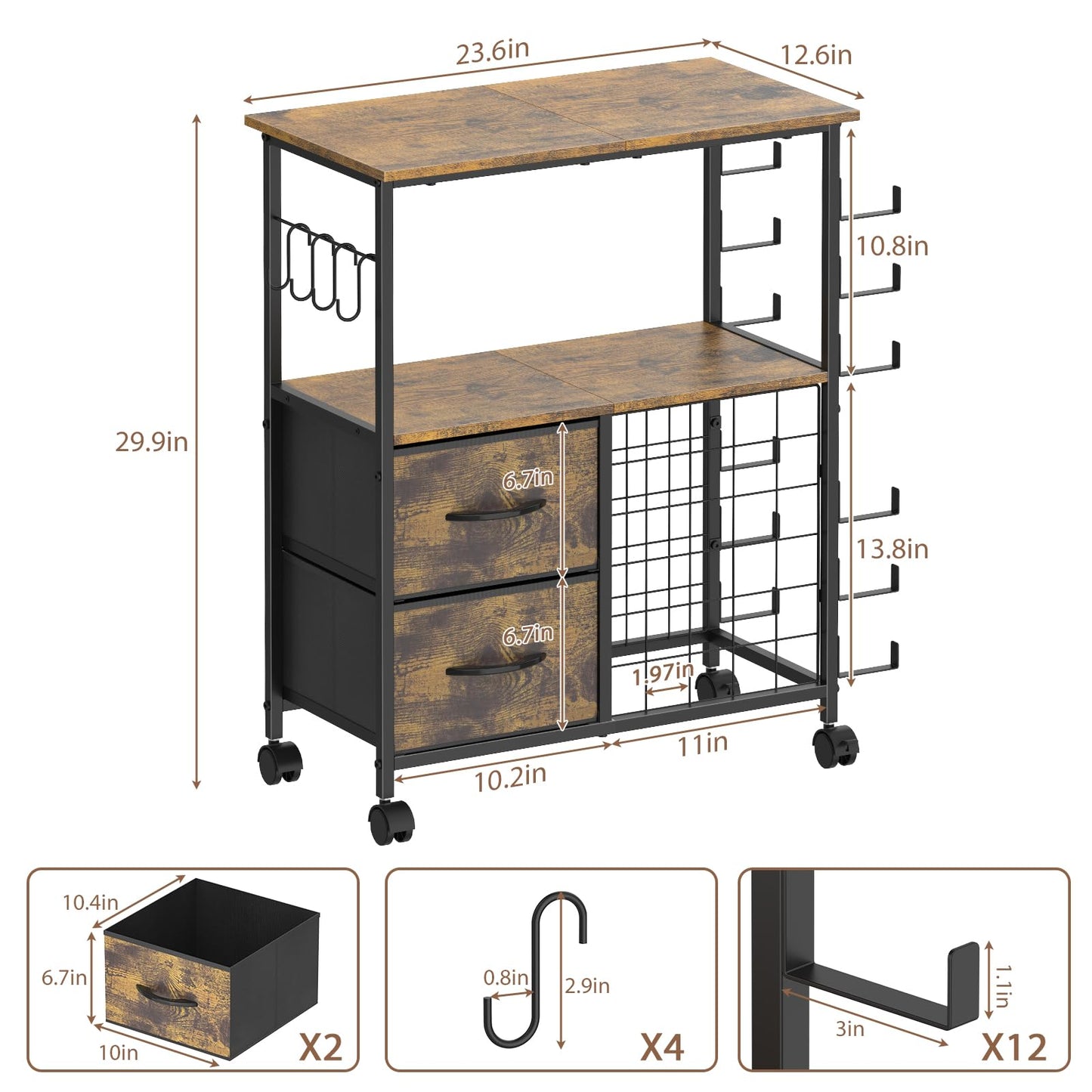 Craft Table Compatible with Cricut Machines Rolling Craft Storage Cart with Vinyl Roll Holders, Crafting Table Workstation with 2 Fabric Drawers, Locakable Wheels, Rustic Brown