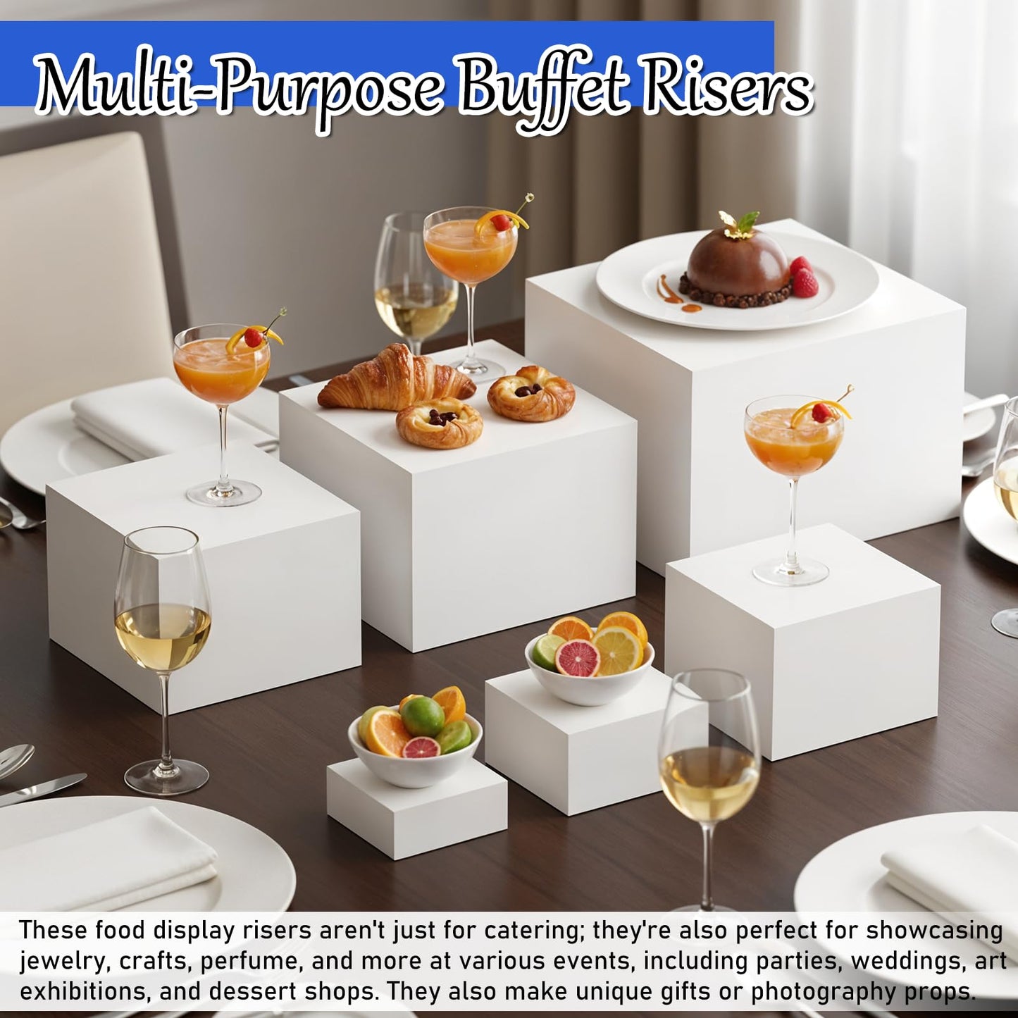 IANFAN 6 Pcs Buffet Risers, Food Risers for Buffet Table, White Acrylic Cube Boxes Display with Hollow Bottoms Display Stand Shelf for Party Cake Dessert Catering Jewelry Collectibles (3"4"5"6"7"8'')