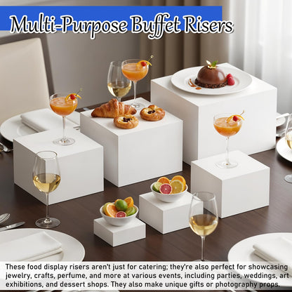 IANFAN 6 Pcs Buffet Risers, Food Risers for Buffet Table, White Acrylic Cube Boxes Display with Hollow Bottoms Display Stand Shelf for Party Cake Dessert Catering Jewelry Collectibles (3"4"5"6"7"8'')