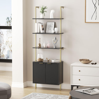 Set of 2 Ladder Bookshelf with Cabinet, 71" Tall Bookcase with Shelves & Storage, Fluted Ladder Shelf with Metal Frame, 6-Tier Display Rack for Living/Bedroom, Home & Office, Black & Gold