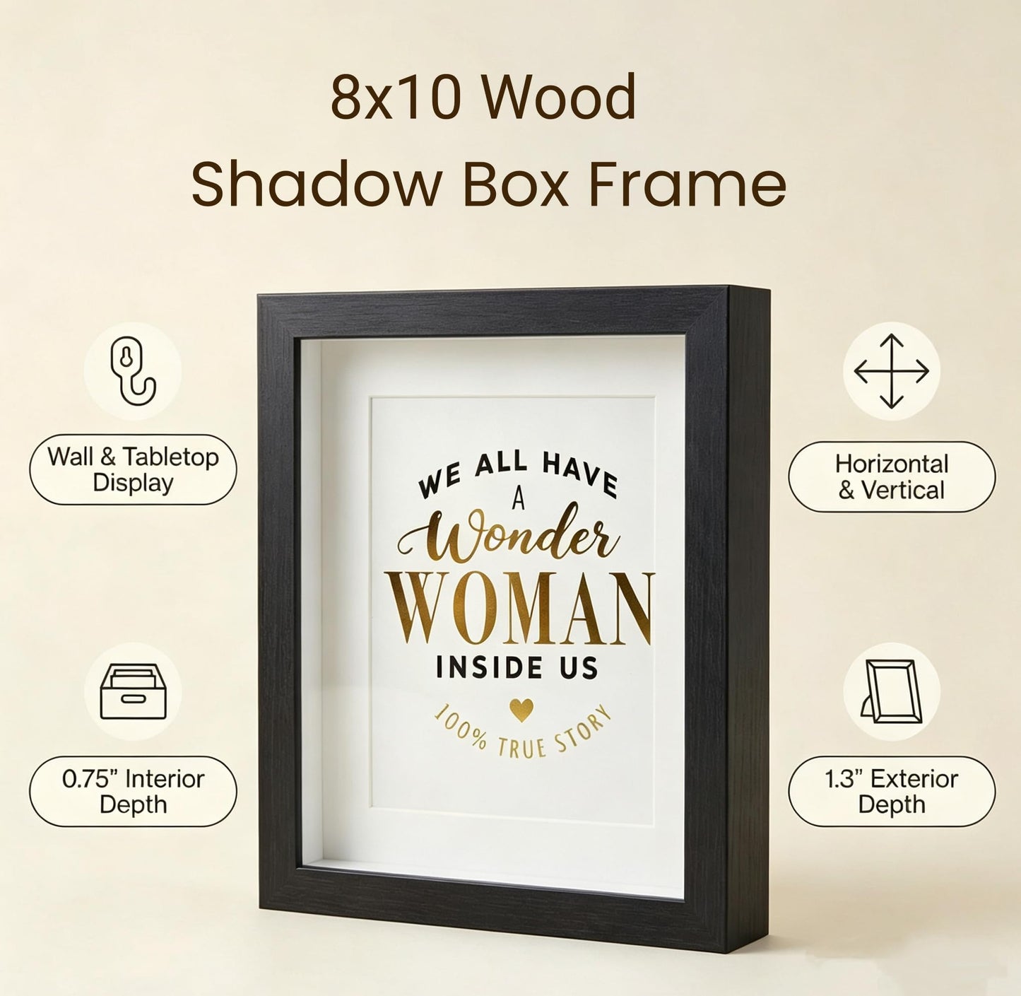 8x10 Picture Frame Black Deep Molding Shadow Box Frame Natural Wood Grain for Photos & Posters Tabletop Display and Wall Mount Vertical and Horizontal, 2 Pack (Carbonized Black)