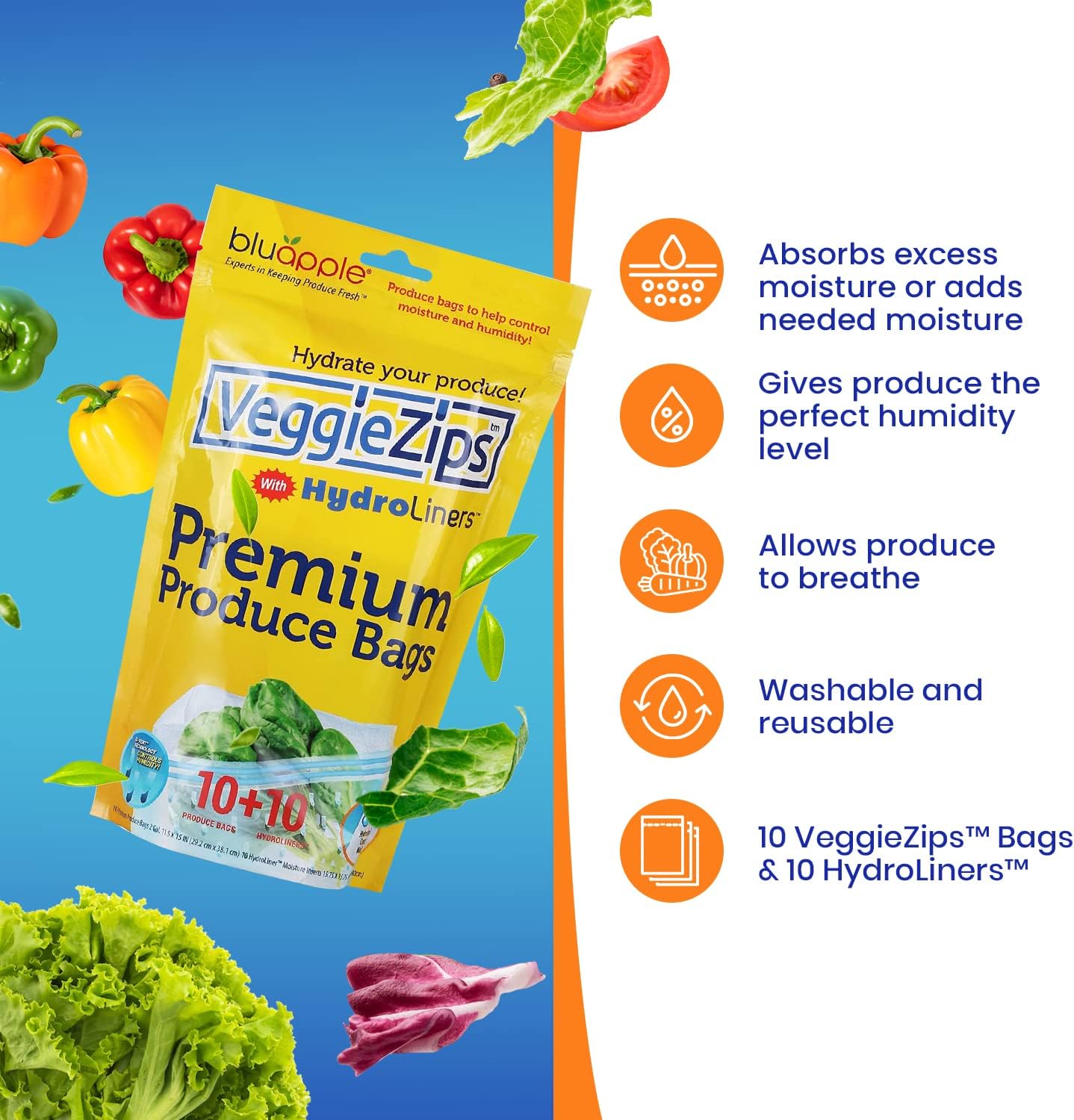 Bluapple VeggieZips Premium Produce Storage System - 20 Piece Set, 10 Food Saver Bags + 10 HydroLiners