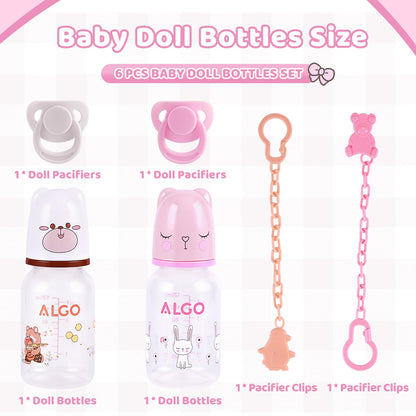 BABESIDE 6 Pcs Reborn Baby Doll Accessories Set, Cute Bear Pattern Baby Doll Bottles and Magnetic Pacifiers with Pacifier Clips Chain for Reborn Baby Dolls Girls & Boys