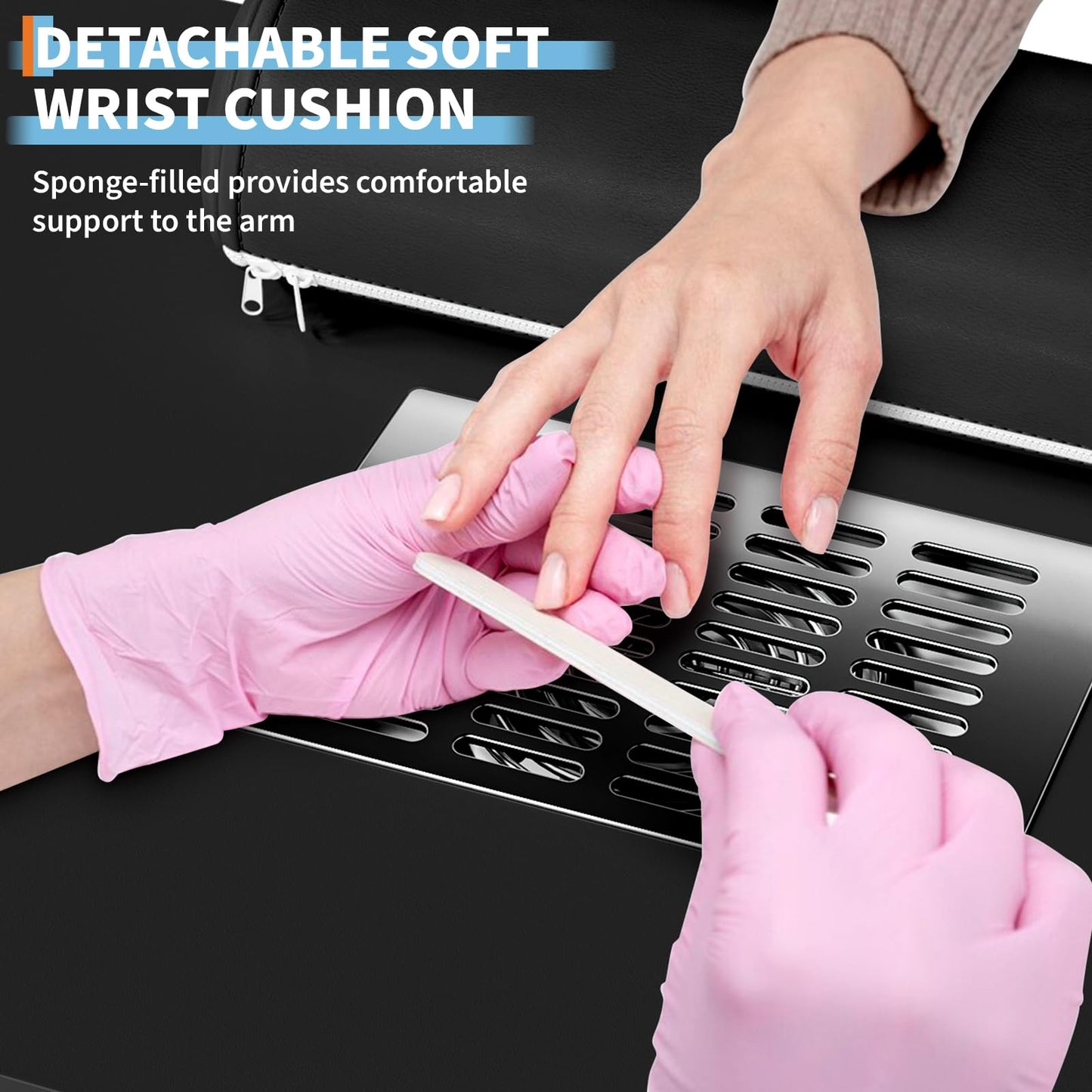 PeacefulHues Manicure Table for Nail Tech, Nail Desk Table Station with Electric Dust Collector Side Cabinet 4 Drawers and Wrist Rest, Beauty Salon Nail Supplies Decor Workstation, Black