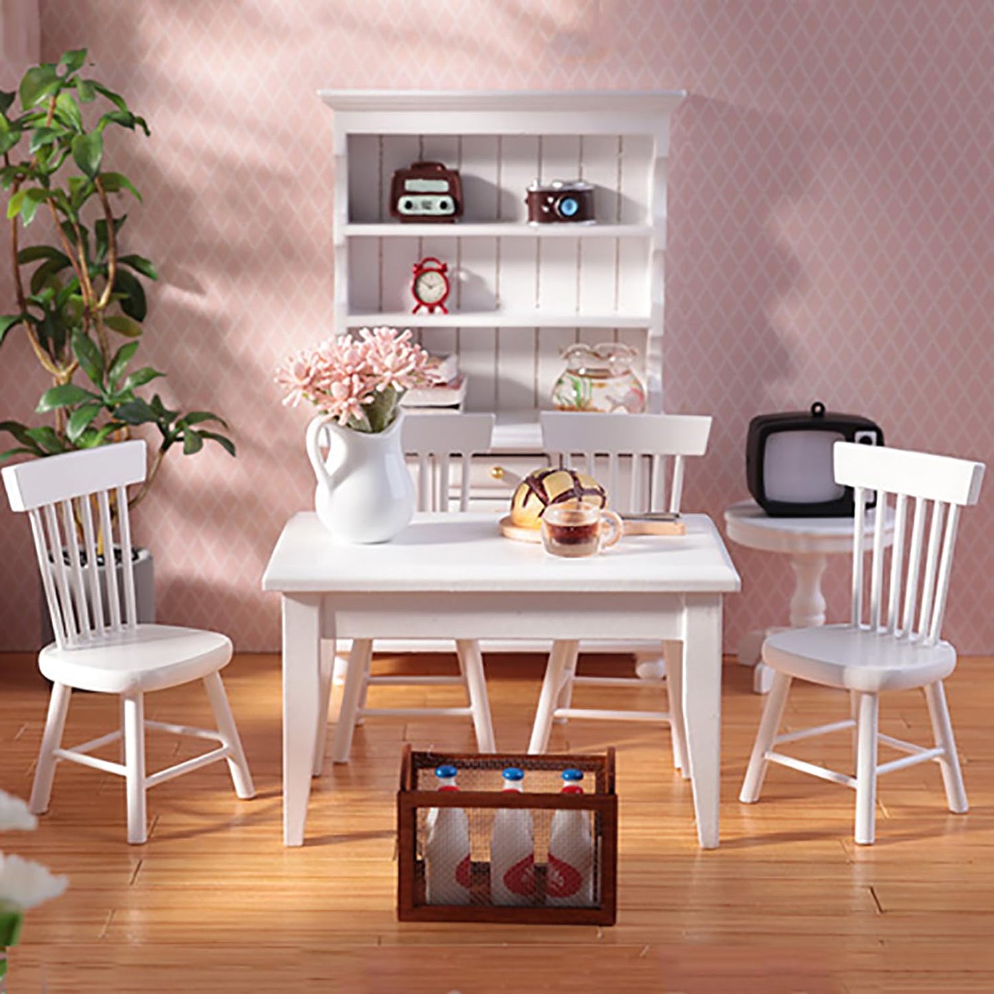 Minamzee 1/12 Dollhouse Table Chair Set, 17pcs Wooden Miniature Kitchen Furniture Set with Breakfast Accessories for Dining Room