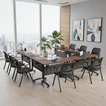 Usosidam 47.2" Folding Conference Tables, Modular Conference Room Table with Silent Lockable Wheels, Flip Top Training Table,for Office Classroom Seminar, for 6-12 Person, Walnut 2, 8 Pack