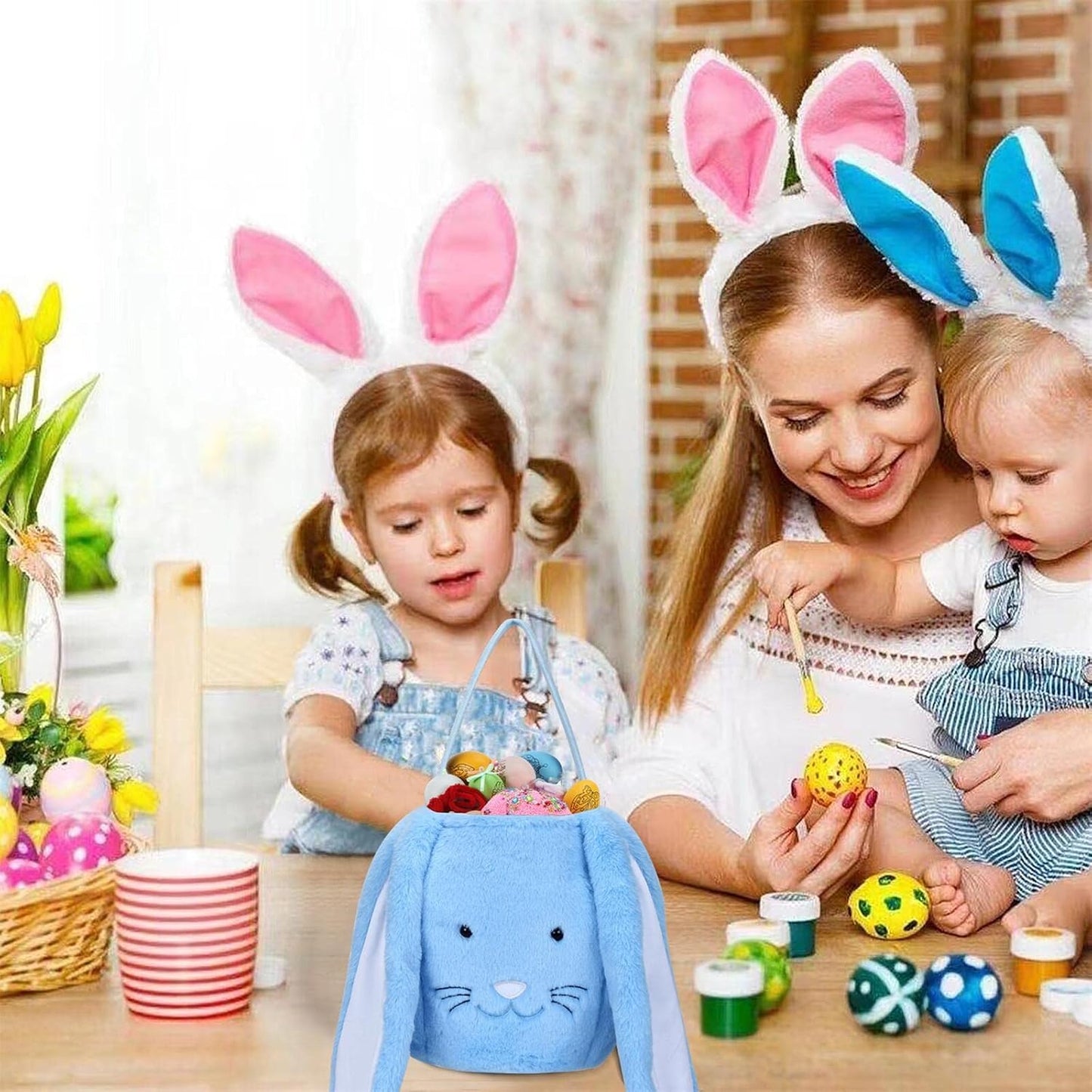 XinblueCo Plush Easter Bunny Basket - Personalized Egg Hunting Easter Bags with Long Plush Ear, Bunny Tote Bags for