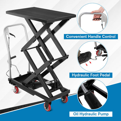 Hydraulic Lift Table Cart, 330 Lbs Capacity 50" Lifting Height Double Scissor Lift Table with Anti-Slip Pad & 4 Wheels for Material Handling & Transportation in Warehouse, Workshop, Black