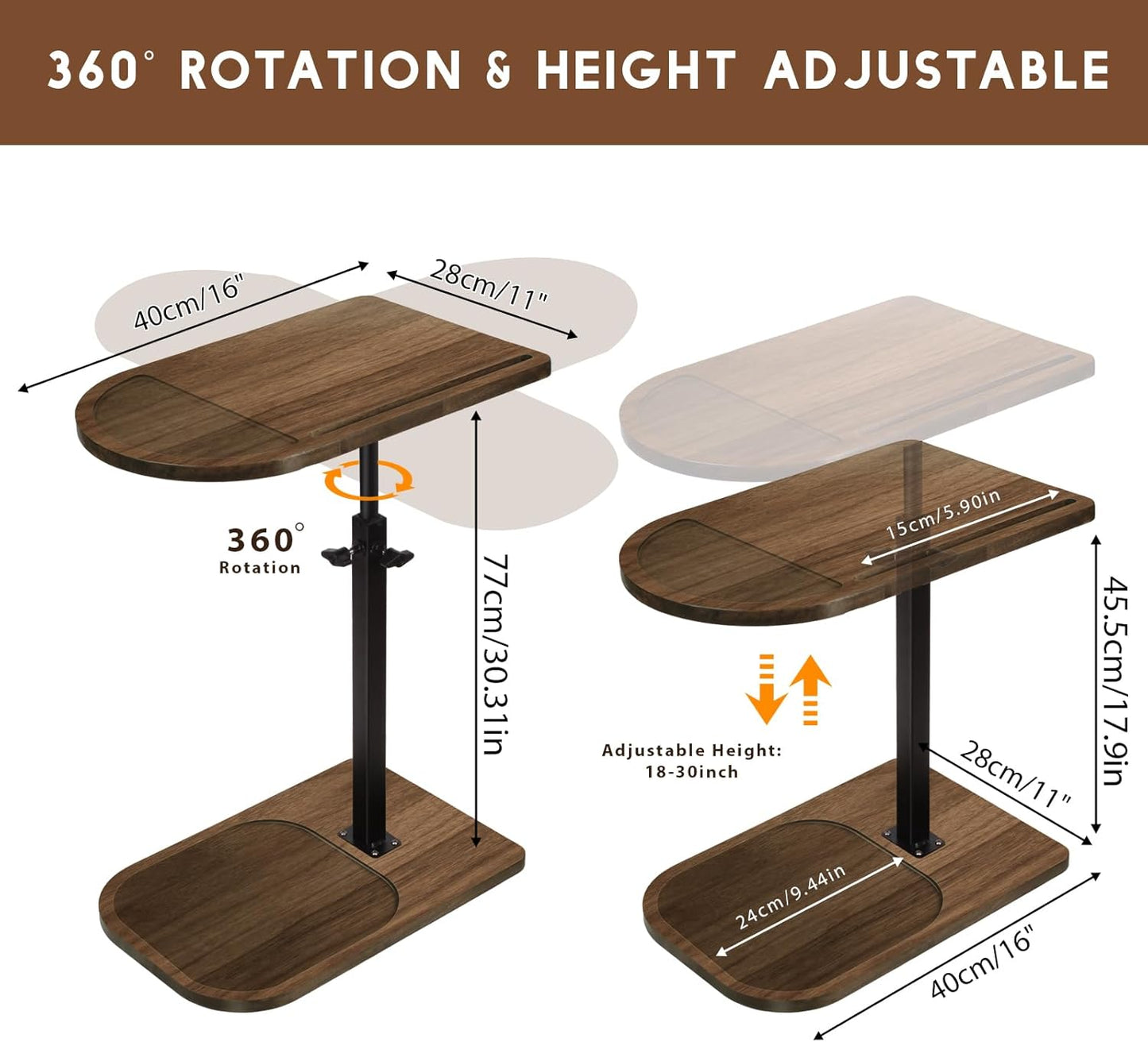 Adjustable/360 Side Table Sofa Tray for Couch - Swivel TV Tray Tables with Phone & Tablet Slot, Small Spaces Snack