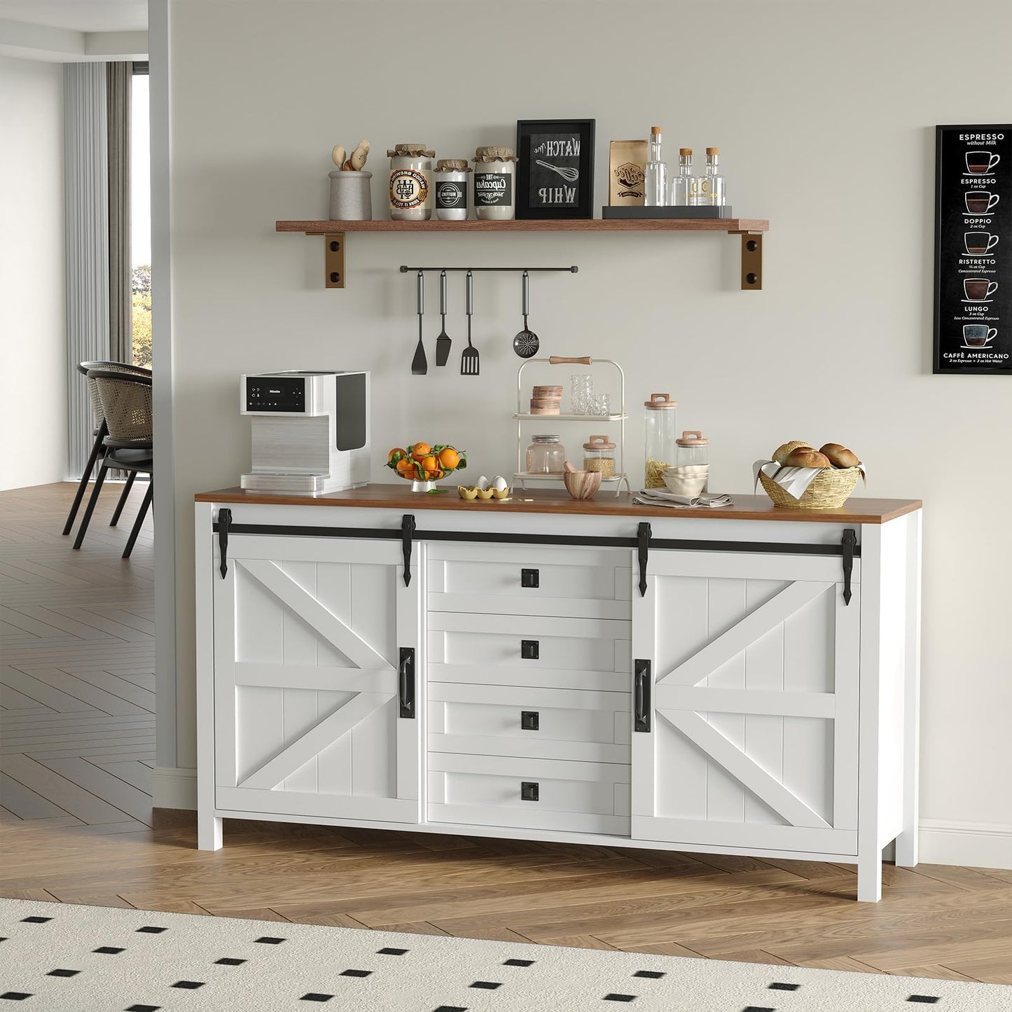 Garvee Farmhouse Sideboard Buffet Cabinet with Sliding Barn Doors & 4 Drawers, 60" Rustic Wood Kitchen Coffee Bar Storage Cabinet for Dining Room Living Room, TV Stand & Console Table