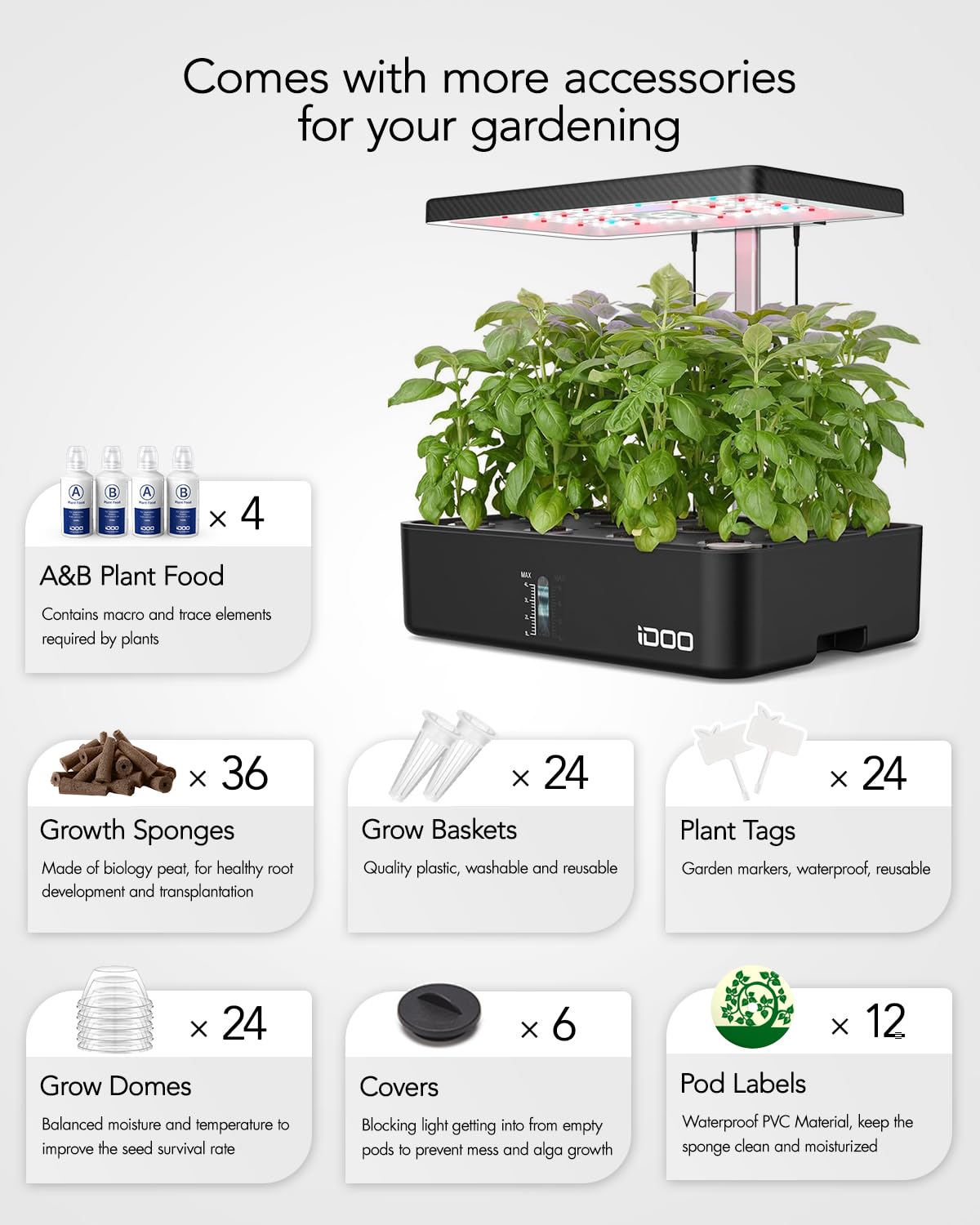 iDOO Hydroponics Growing System Kit 12Pods, Christmas Gifts for Women Mom, Herb Garden Indoor with LED Grow Light for Home, Built-in Fan, Auto-Timer, Adjustable Height Up to 11.3", 12Pods WiFi-Black