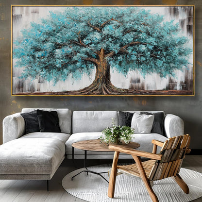 Wall Art Tree of Life Abstract Modern Artwork Blue Teal Tree Canvas Painting for Bedroom Living Room Office Large Decor 20"x40" with Framed