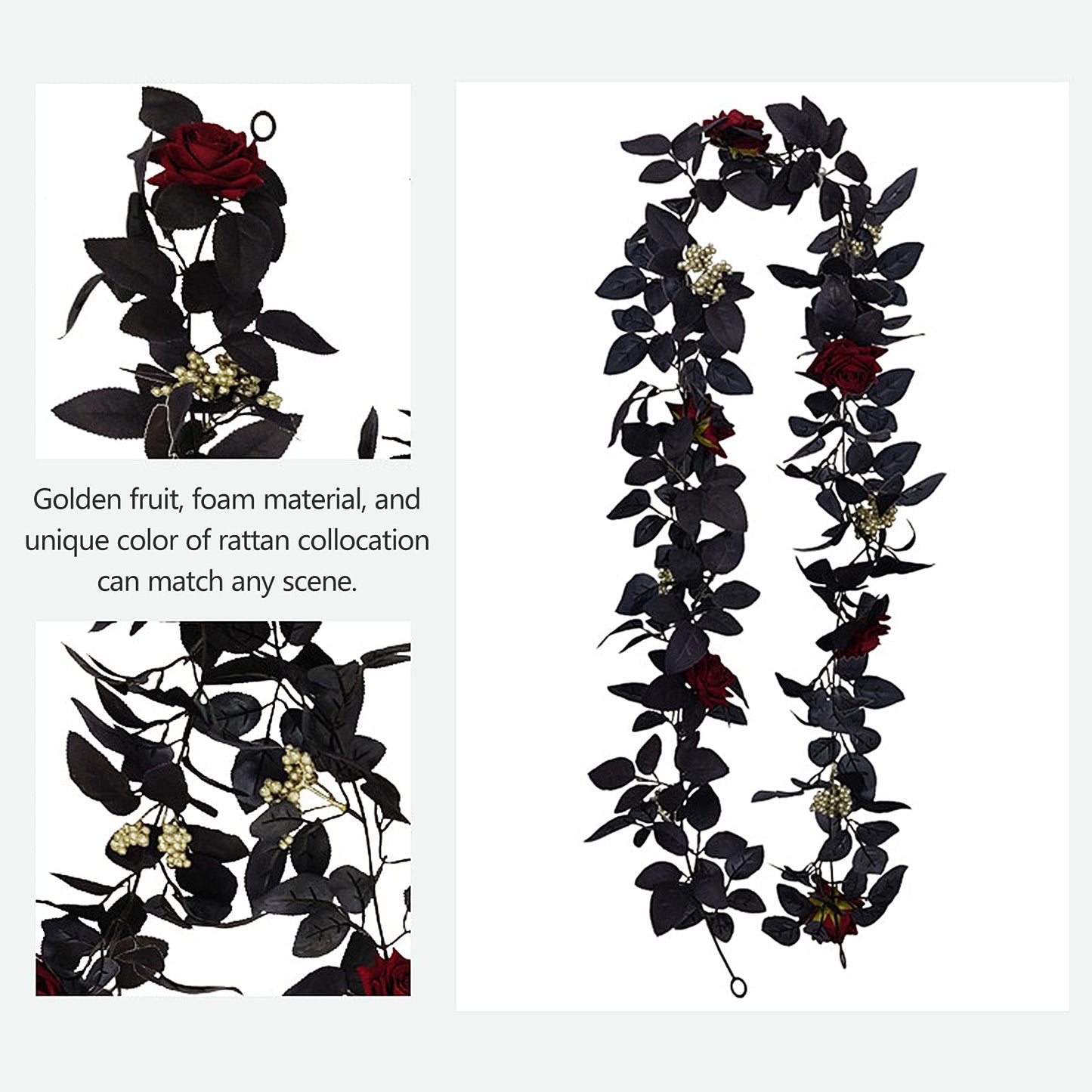 BFYDOAA 180cm Artificial Black Rose Vine Halloween Hanging Rose Flower Garland with Berries for Table Centerpiece,Fireplace Door Frame Backdrop Decor